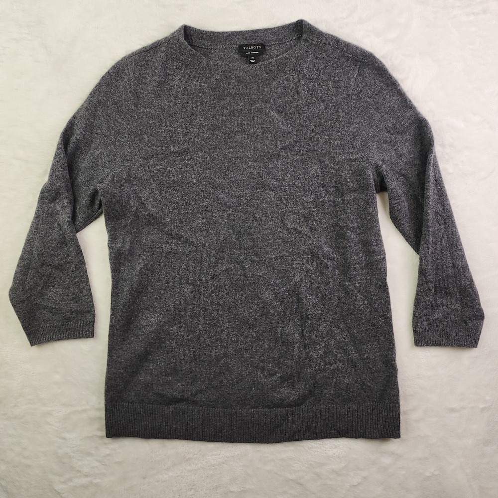 100% Cashmere Sweater Charcoal Gray Womens Medium 3/4 Sleeve Quiet Luxury Light